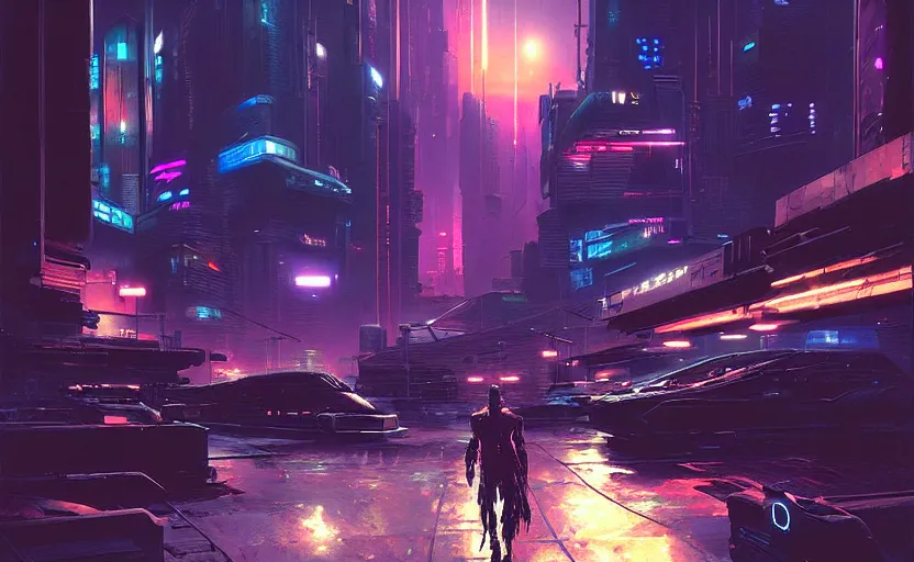 Image similar to a cyberpunk futuristi and cinematic harbour at night by greg ruthkowski and craig mullins