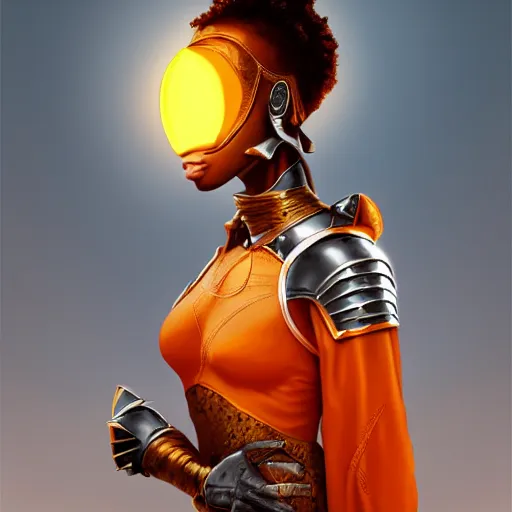 Prompt: beautiful portrait of an african american woman with an orange glow on her face medieval metallic knight armor, artstation, cgsociety, masterpiece, dark fantasy