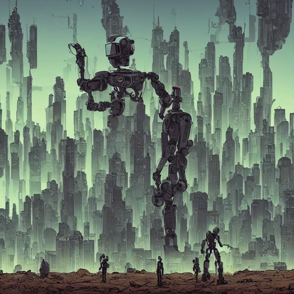Prompt: a wide angle shot of a robot standing on a desolate landscape, a megacity of sky scrapers in the distance by roxie vizcarra and tomer hanuka and frank stockton, dramatic composition, futuristic, steampunk, melancholy, global illumination, psychedelic, masterpiece, cinematic, filmic, comic
