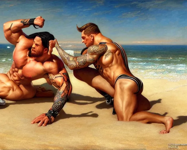 Image similar to handsome tattooed gym bro zeus and attractive tattooed gym bro apollo workout on the beach, epic painting by artgerm, gaston bussiere, craig mullins, j. c. leyendecker, tom of finland