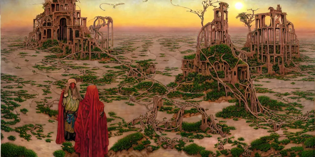 Image similar to the oasis - hamlet of joppa along the far rim of the great salt desert. farmers tend to groves. jungles strangle chrome steeples and rusted archways. beyond the fabled spindle rises above the fray and pierces the cloud - ribboned sky. art by james christensen and noriyoshi ohrai