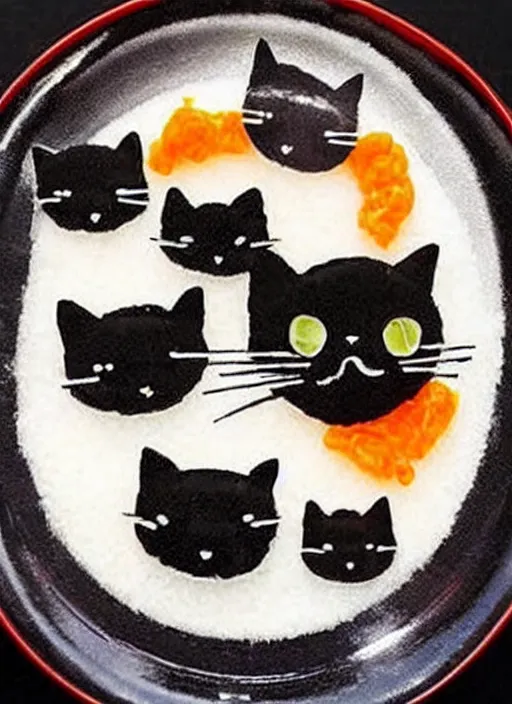 Image similar to clear surrealist painting of adorable cats made from sushi rice, sitting on sushi plates with garnish