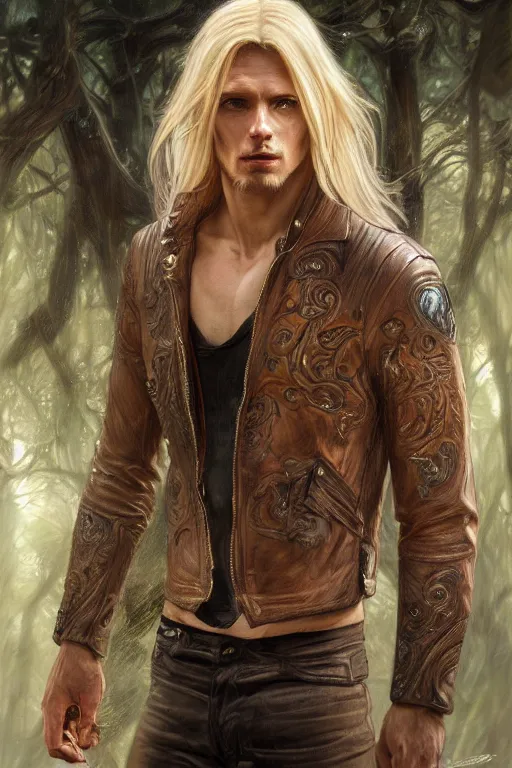 Prompt: portrait of a blonde herculian man in a leather - jacket, flowing hair, forest, full body, muscular, fantasy, intricate, elegant, highly detailed, digital painting, artstation, concept art, sharp focus, illustration, art by artgerm and greg rutkowski and alphonse mucha