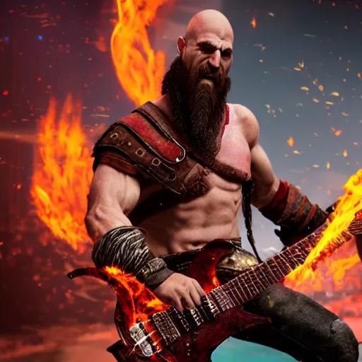 Image similar to kratos shredding on a flaming stratocaster guitar, cinematic render, god of war 2 0 1 8, santa monica studio official media, lightning, spartan rage, head turned