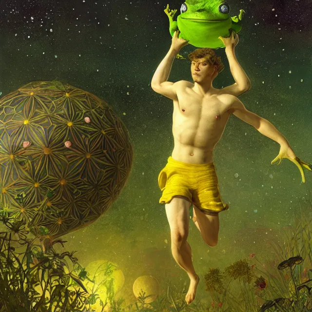 Prompt: an toad! with green muscular body jumps to the sky and stars, wearing yellow sleeveless shirt and black sport shorts, cosmos, moon, by mucha and caspar david friedrich, atmospheric lighting, intricate detail, cgsociety, hyperrealistic, octane render, rpg portrait, ambient light, dynamic lighting