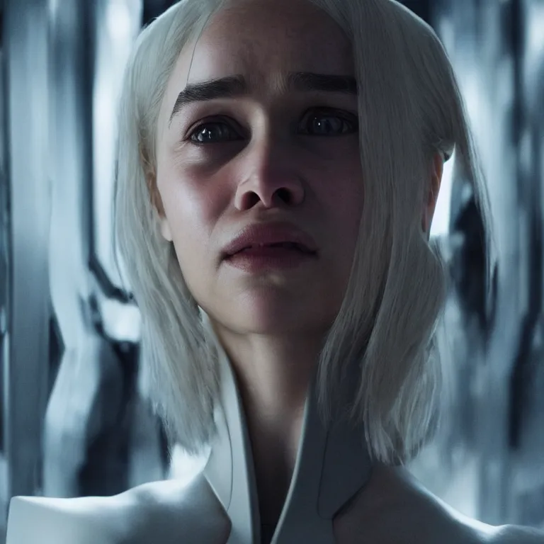 Image similar to scifi emilia clarke looks like ghost in the shell, extremely high detail, high detailed face, smiling woman, cyborg, photorealism, emilia clarke, sony a 7 r