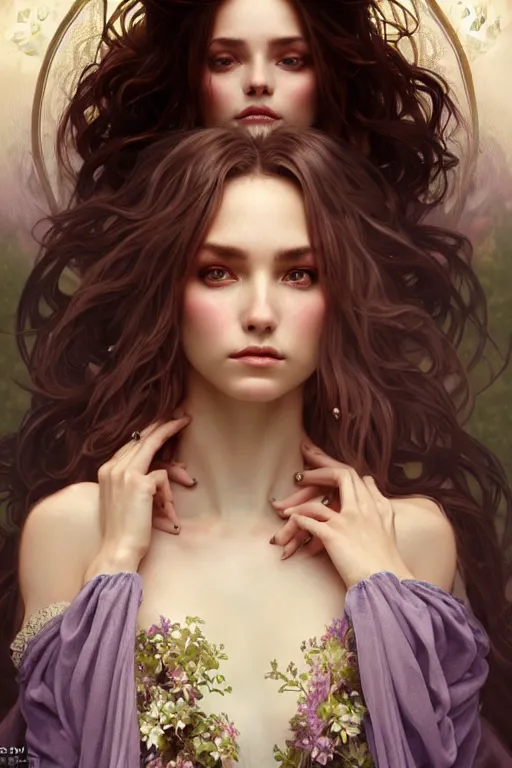 Prompt: portrait of a female dark fantasy mystical nature sprite with beautiful face wearing elegant magical robe, alpine high moorland background, elegant, intricate, full frontal shot, highly detailed, digital painting, artstation, concept art, sharp focus, illustration, art by artgerm and greg rutkowski and alphonse mucha