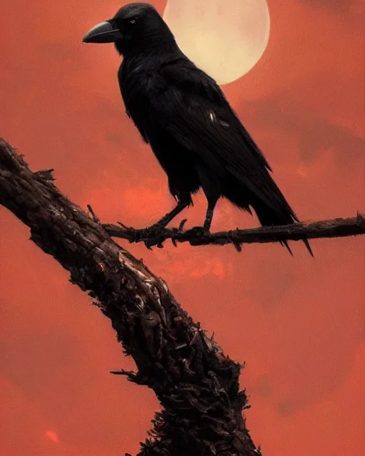 Prompt: Hyper realistic oil painting of a crow perched on a branch and looking at a bloof red moon, hyper detailed, gloomy, moody cinematic lighting, by greg rutkowski, trending on artstation