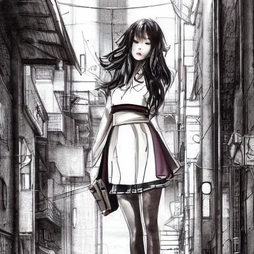 Image similar to a perfect, realistic professional digital sketch of a Japanese schoolgirls posing in a cyberpunk alleyway, style of Marvel, full length, by pen and watercolor, by a professional American senior artist on ArtStation, a high-quality hollywood-style sketch, on high-quality paper