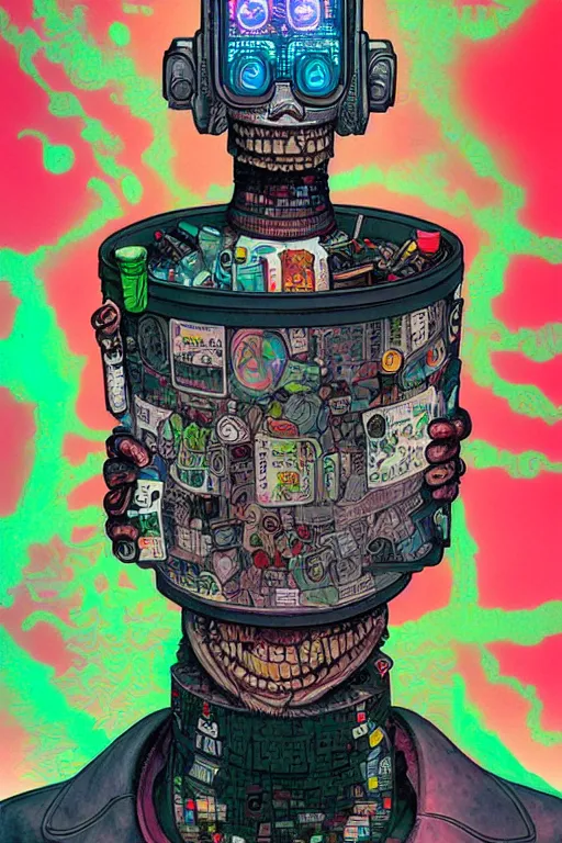 Prompt: full view, from a distance, of anthropomorphic trashcan from the novel neuromancer by william gibson, style of yoshii chie and hikari shimoda and martine johanna, highly detailed