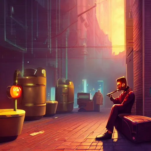 Image similar to An android smoking a cigar in a cyberpunk setting by Evgeny Lushpin, trending on Artstation, unreal engine