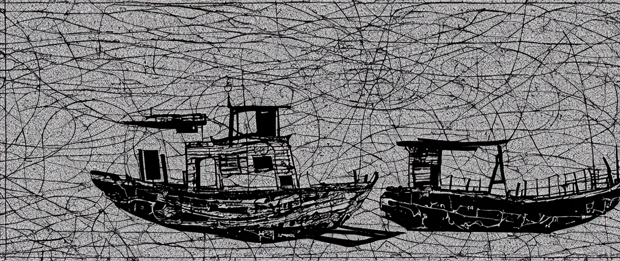 Image similar to a lone abandoned ship in the aral sea desert, in the style of daniel johnston and outsider art, 8 k, line brush, overlaid with chinese adverts