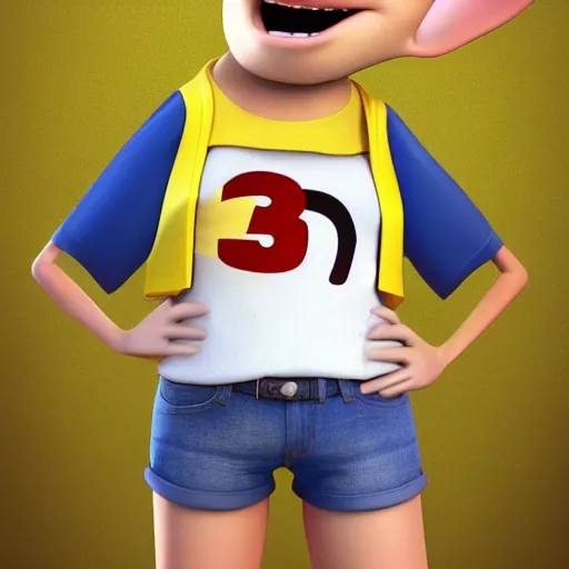 Image similar to 3 d render, portrait, headshot, closeup, anthropomorphic mouse, female, wearing denim short shorts and a off yellow tank top shirt, in the style of flushed away