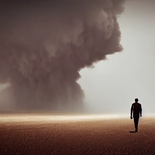 Prompt: a lonely man walking into a desert storm