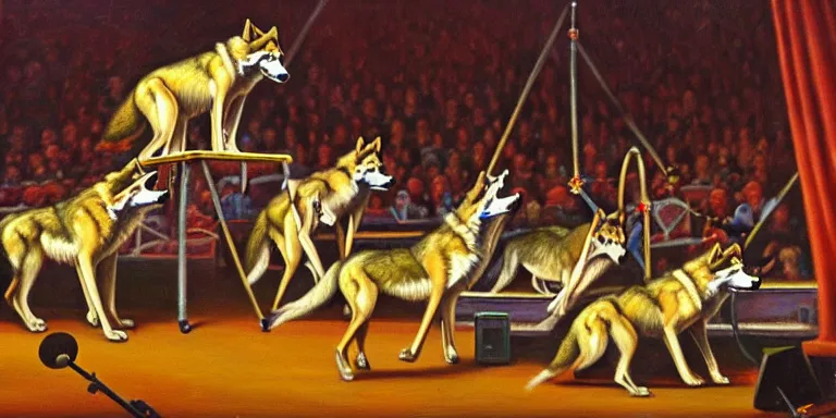 Image similar to wolves perfoming in the circus. long shot. oil paint. extremely high detail