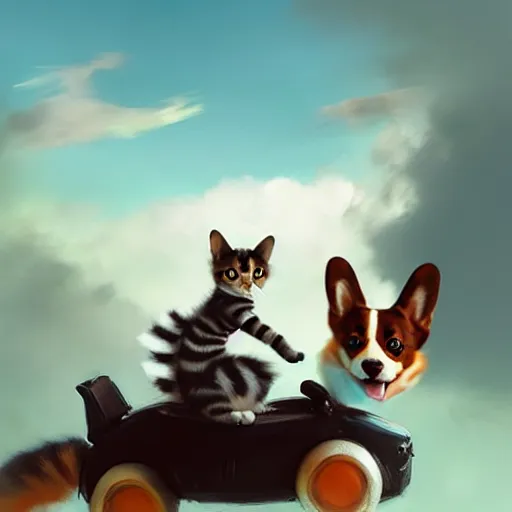 Prompt: tiny cat girl riding on the back of a giant corgi by greg rutkowski