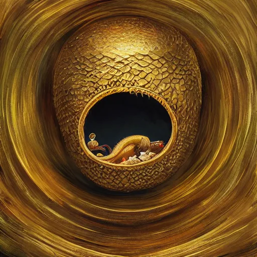 Prompt: long shot of a dragon nesting in a golden metal nest, by esao andrews, by m. w. kaluta, harmonic composition, volumetric light, fresh colors, ultra humorous oil painting, realistic reflections, floral background, smooth, concept art, depth perception, high depth of field, 4 k, unreal engine 5, ultradetailed, hyperrealistic, trending on artstation