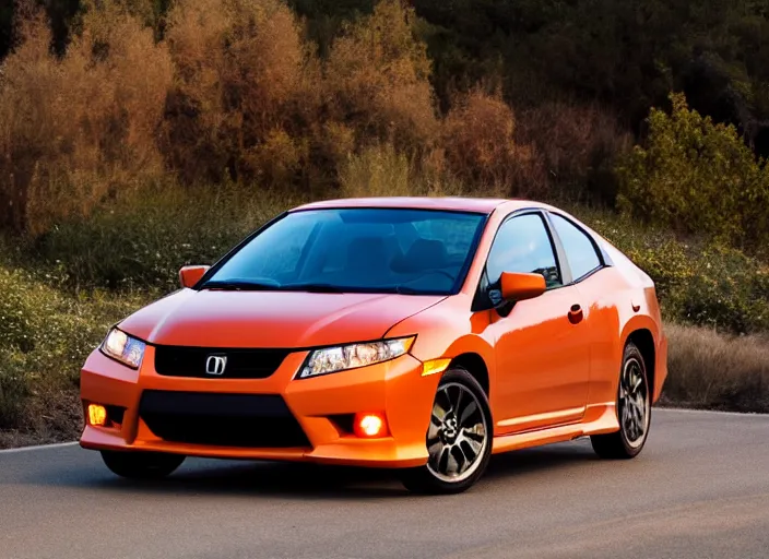 Image similar to a orange Honda Civic with tinted windows in the Bay Area California, dusk, high definition