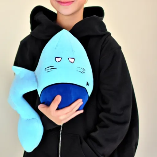 Prompt: a blonde-girl-in-a-black-hoodie holding a blue-shark-plush, anime style