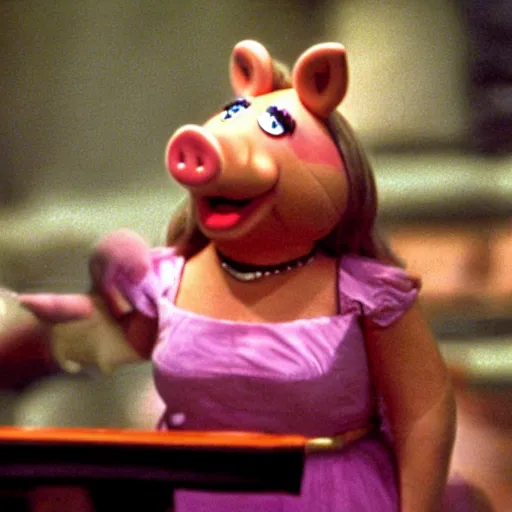 Image similar to movie still of miss piggy starring as trinity in the matrix 1 9 9 9 movie