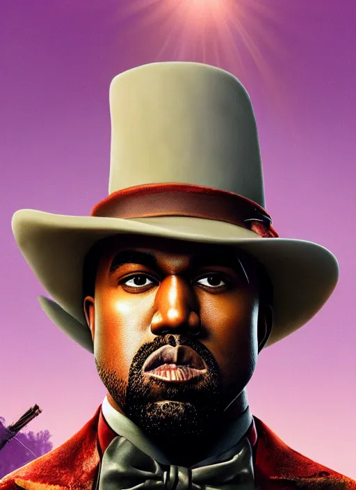 Image similar to portrait kanye west as willy wonka in red dead redemption 2, splash art, movie still, cinematic lighting, ray tracing, octane render, long lens, shallow depth of field, bokeh, anamorphic lens flare, 8 k, hyper detailed, 3 5 mm film grain