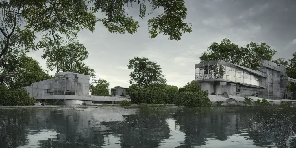 Prompt: a stunningly detailed building designed by Le Corbusier, surrounded by lush green forest, ponds of water, stunning volumetric lighting, sunset, metal, concrete, glass, stunning skies, trending on Artstation, 8k, photorealistic, hyper detailed, unreal engine 5, Rhinoceros 3D, IMAX quality, cinematic, epic lighting, in the style of Greg Rutkowski