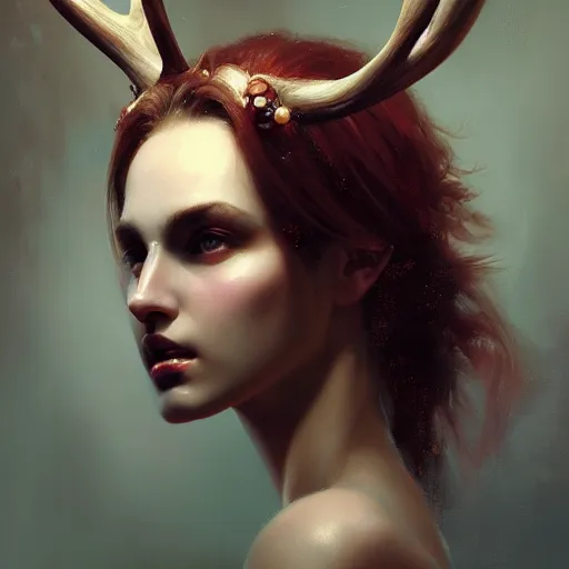 Prompt: expressive oil painting beautiful woman with antlers!, seductive look, smirking, smooth, serious look, made from beads, glamour shot, by yoshitaka amano, by greg rutkowski, digital art, octane render, artstation, grunge aesthetic