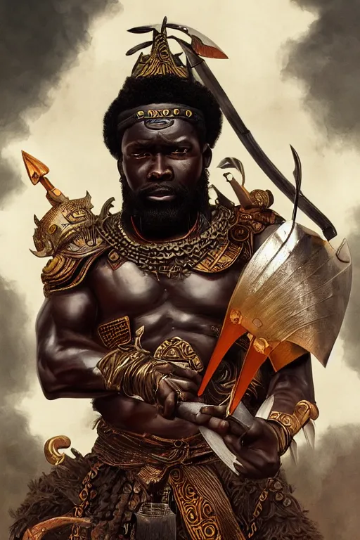 Prompt: ogun and his knives, African warrior deity, ancestral hunter God, masculine and menacing, cinematic mid portrait , digital illustration, octane render trending on arstation by artgerm, raphaelite and mucha