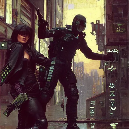 Image similar to Maria evades sgt rhodes. Cyberpunk hacker escaping Menacing Cyberpunk police trooper wearing a combat vest. Rainy streets (dystopian, police state, Cyberpunk 2077, bladerunner 2049). Iranian orientalist portrait by john william waterhouse and Edwin Longsden Long and Theodore Ralli and Nasreddine Dinet, oil on canvas. Cinematic, vivid colors, hyper realism, realistic proportions, dramatic lighting, high detail 4k