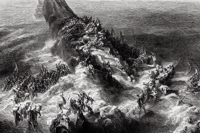 Image similar to aerial view, the biblical crossing of the red sea, Gustave Dore lithography