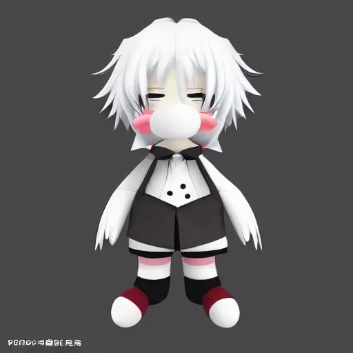 Image similar to cute fumo plush of a white - haired prankster, anime, vray