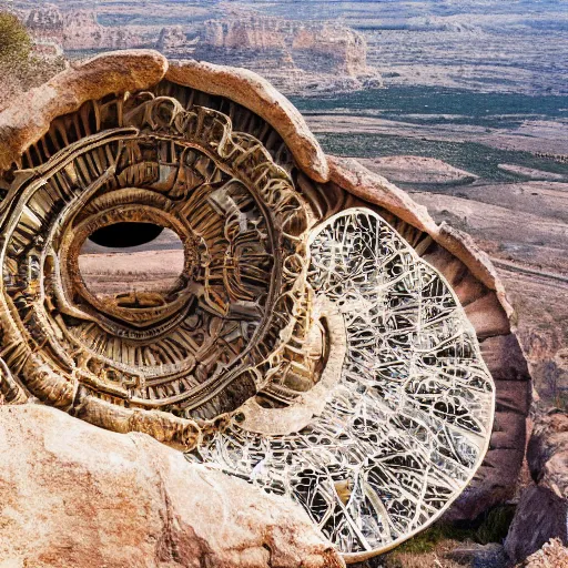 Image similar to a gigantic paleolothic torus made of stone with highly detailed carvings of intricate shamanic robotic electronics and circuitry, in a mediterranean lanscape, inside a valley overlooking the sea