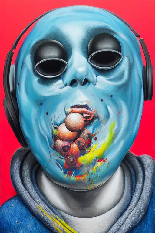 Image similar to hyperrealism surrealism acrylic painting, aerosol splashes on paper, close - up portrait of bowling ball - man with big headphones and a mime sweater art by jeff soto