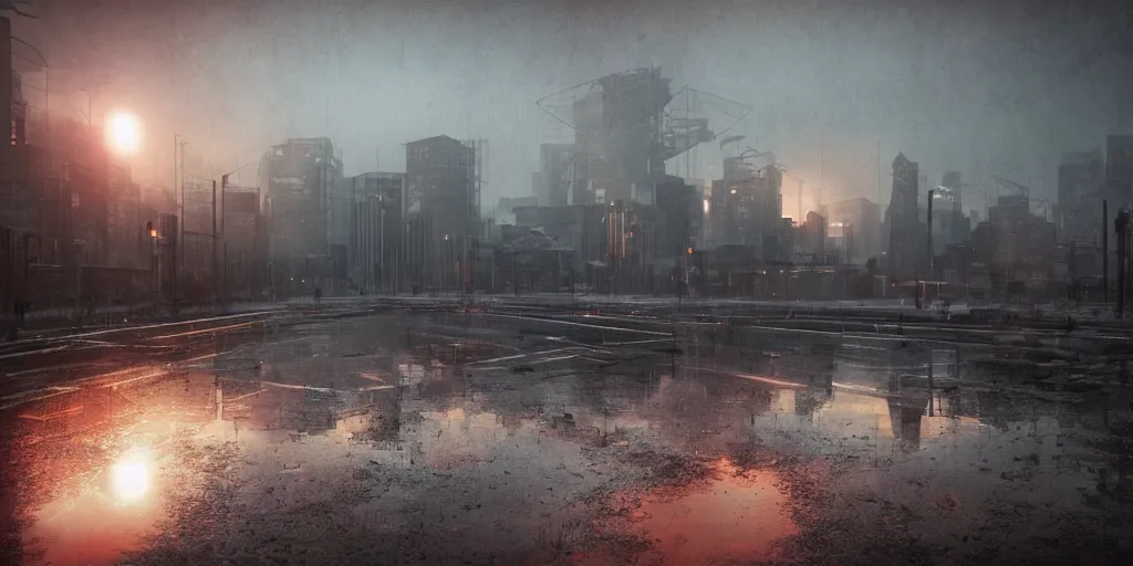 Image similar to soviet brutalims japan city view by eddie mendoza and greg rutkowsi, orange glow, puddles of water, sunset, trees, foggy, dark, moody, volumetric lighting, dirty