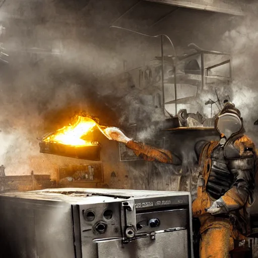 Image similar to cyborg toaster oven repairman, dark messy smoke - filled cluttered workshop, dark, dramatic lighting, orange tint, sparks, plasma rays, cinematic, highly detailed, sci - fi, futuristic, movie still, rule of thirds composition