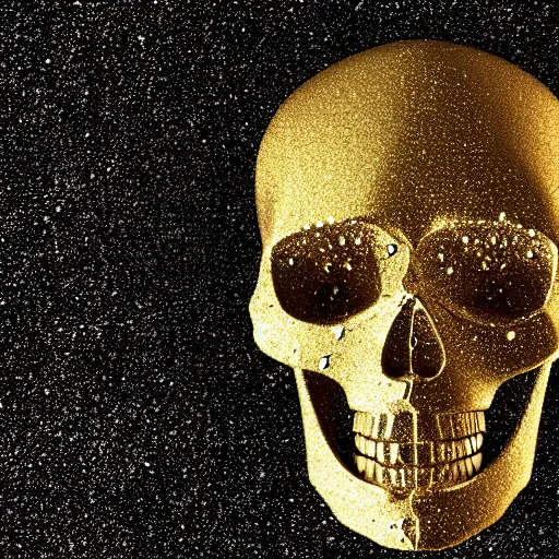 Prompt: the gold particles form a human skull on a black background, adobe aftereffects