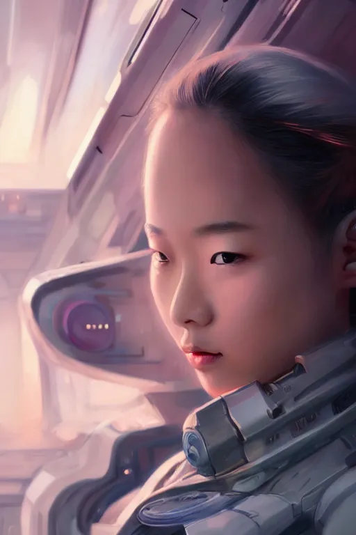 Image similar to portrait futuristic asian airforce girl, looking at the camera, expressive pose, symmetrical face, in future airport rooftop , sci-fi, fantasy, intricate, very very beautiful, elegant, human anatomy, neon light, highly detailed, digital painting, artstation, concept art, smooth, sharp focus, illustration, art by tian zi and WLOP and alphonse mucha