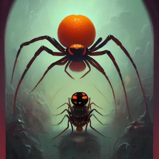 Prompt: portrait of an orange giant spider god by peter mohrbacher