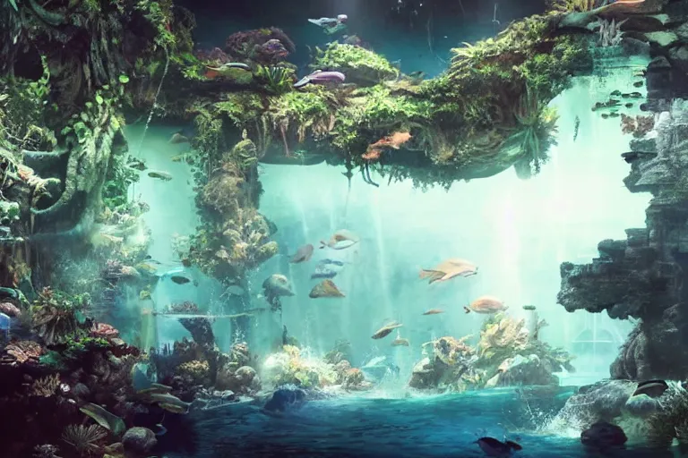 Image similar to the most amazing dream you ever had about aquarium world, hyper realistic, ambient lighting, concept art, intricate, hyper detailed, smooth, dynamic volumetric lighting, octane, cinematic