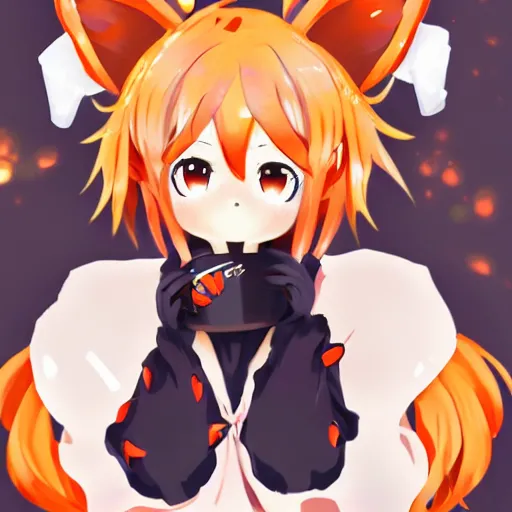 Image similar to senko-san very very beautiful anime kitsune fox girl drinks beer trending on pixiv trending on artstation orange hair orange tail