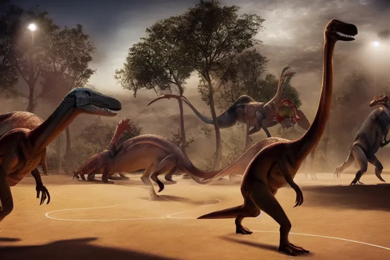 Prompt: hyper realistic dinosaurs playing basketball volumetric lighting