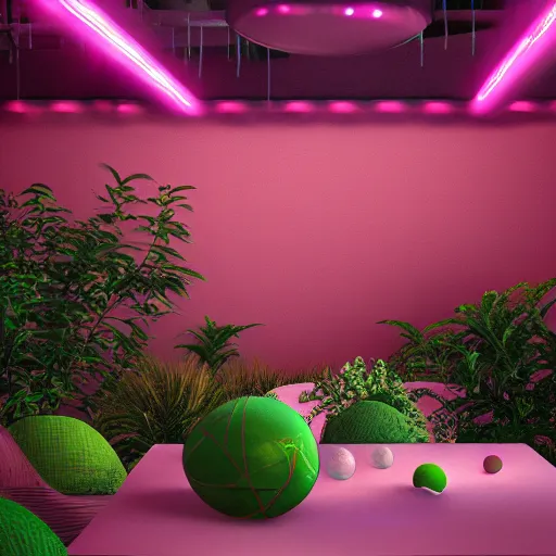 Prompt: pink glowing neon spheres, on a table with plants, vignette, digital art by Thomas Cole and John Harris, trending on artstation