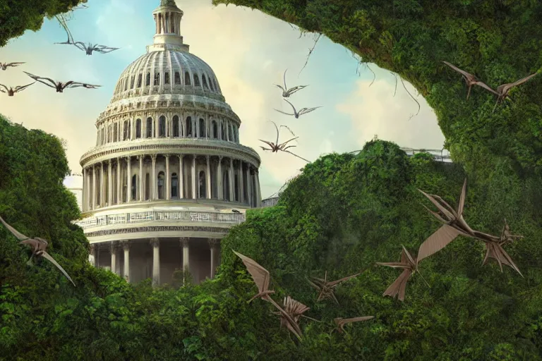 Prompt: an epic landscape view of vines and moss growing on the dome of the us capitol building, jungle, with pterosaurs flying, close - up, low angle, wide angle, atmospheric, volumetric lighting, cinematic, very realistic, sharp, highly detailed digital art, painted by tyler edlin