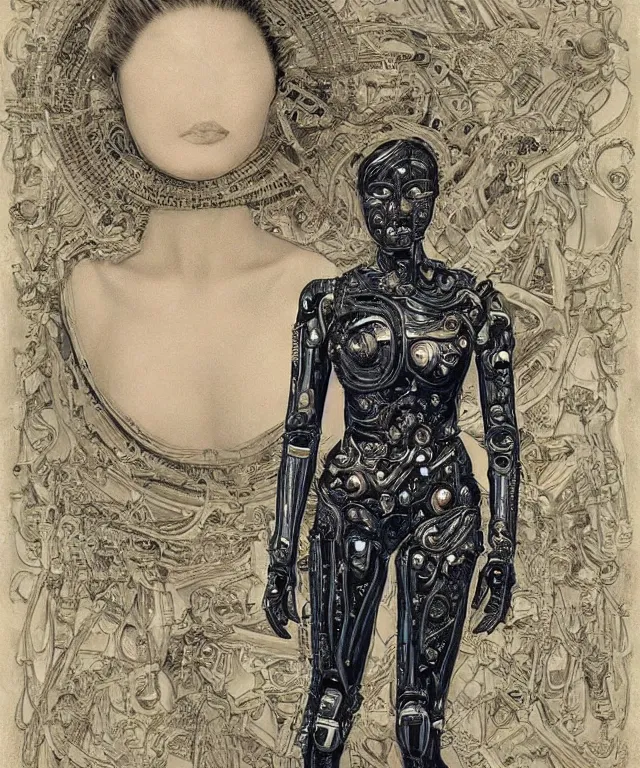 Image similar to a woman turning into an android, portrait, wearing aa cybernetic body, surrealism, intricate detail, ornate armor