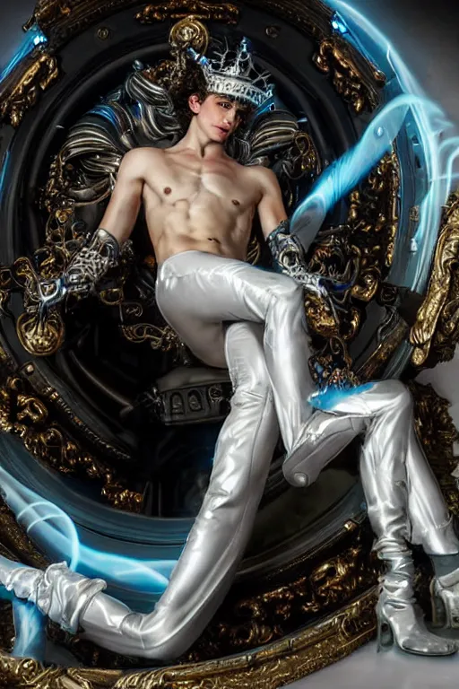 Image similar to full-body rococo and cyberpunk style neon statue of a muscular attractive Timothée Chalamet macho dotado e rico android sim roupa reclining con las piernas abertas e la piroca dura, glowing white lasers, glowing eyes, silver prince crown, silver steampunk gears, white diamonds, swirling mint-colored silk fabric. futuristic elements. ethereal white dripping tar. full-length view. space robots. human skulls. large white balloon animals. intricate artwork by caravaggio. Trending on artstation, octane render, cinematic lighting from the right, hyper realism, octane render, 8k, depth of field, 3D