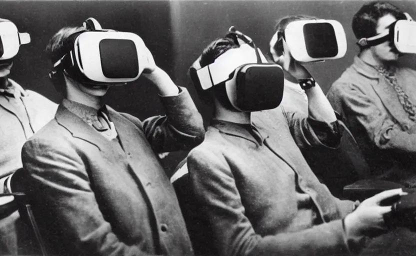 Image similar to 1 9 0 0 s photo of people using iphones ipods virtual reality headsets vr in a movie theater masterpiece