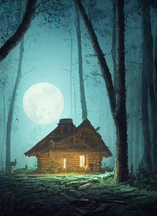 Image similar to an abandoned log house in an ancient bioluminescent forest, waxing moon, greg rutkowski, 8 k, shallow depth of field, intricate detail, concept art,