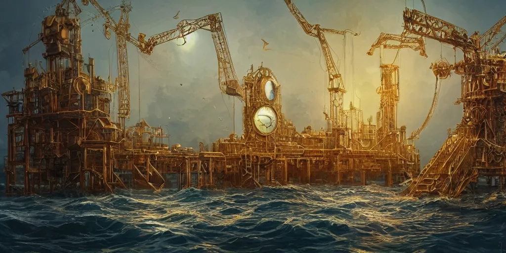 Image similar to golden steampunk oilrig in the sea, coins flying, intricate, very very beautiful, elegant, highly detailed, digital painting, artstation, concept art, smooth, sharp focus, illustration, WLOP