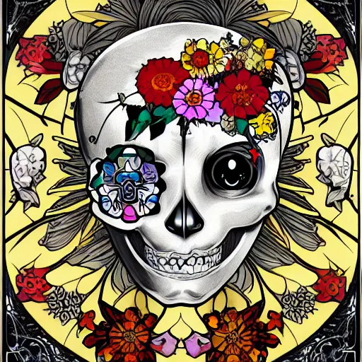 Image similar to anime manga skull portrait face skeleton female with flowers illustration style by Alphonse Mucha and Takashi Murakami pop art nouveau