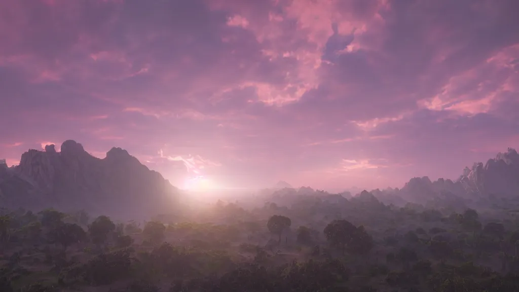 Image similar to distant mountains under the pink clouds backlit by the sun, volumetric fog, ue4, ue5, unreal engine, by Greg Rutkowski